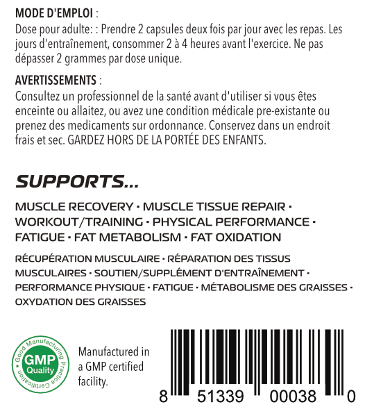 One Brand Nutrition L-Carnitine 750 mg (120 caps) Directions in french.  L-Carnitine Tartrate plays a crucial role in the breakdown of fat in the human body and the ability to use fat as energy.