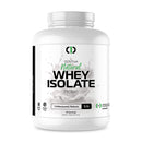 A white plastic jar with a label that reads '100% Pure Natural Whey Isolate Protein 5 lbs' from One Brand Nutrition.