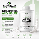 OneBrand Nutrition 100% Natural Whey Isolate protein powder in a white tub, shown on a white background with green and black text, product benefits, and icons.