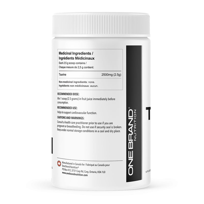 One Brand Nutrition 100% Pure L-Taurine Powder (500 g) side label with ingredients. Taurine is one of the most abundant amino acids in the body and may be one of the most valuable nutrients for your overall health, mental well-being, and longevity.