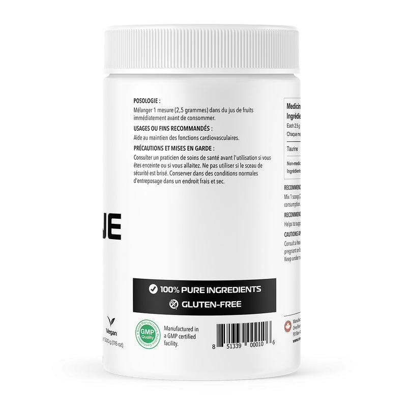 One Brand Nutrition 100% Pure L-Taurine Powder (500 g) back label with directions. Taurine is one of the most abundant amino acids in the body and may be one of the most valuable nutrients for your overall health, mental well-being, and longevity.