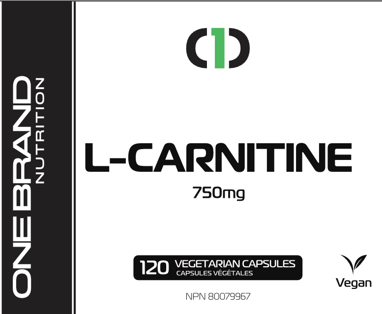 One Brand Nutrition L-Carnitine 750 mg (120 caps) front label.  L-Carnitine Tartrate plays a crucial role in the breakdown of fat in the human body and the ability to use fat as energy.
