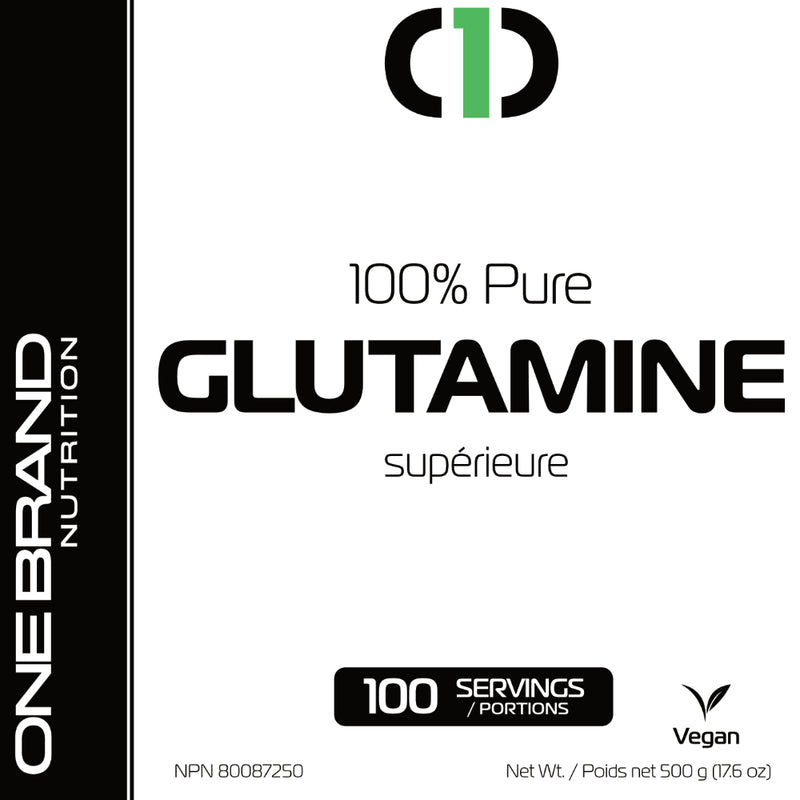 One Brand Nutrition 100% Pure Vegan sourced Glutamine (500 g) front label. One Band Nutrition Glutamine is a pure powder form of the amino acid L-Glutamine.