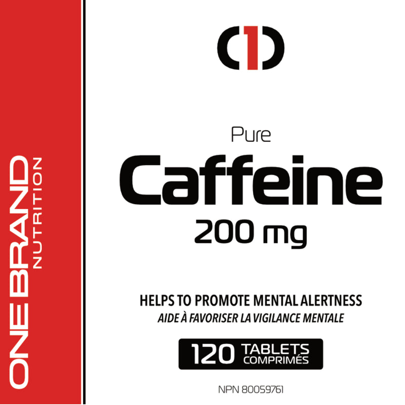 One Brand Nutrition Caffeine 200 mg (120 tabs) Front label image. Helps (temporarily) to promote alertness and wakefulness, and to enhance cognitive performance. Helps (temporarily) to relieve fatigue, to promote endurance, and to enhance motor performance.
