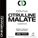 One Brand Nutrition Citrulline Malate (500 g) front label image. 2:1 Citrulline Malate (2:1 ratio of citrulline to the organic salt, malate), Gluten-Free & Vegan Sourced Citrulline Malate.