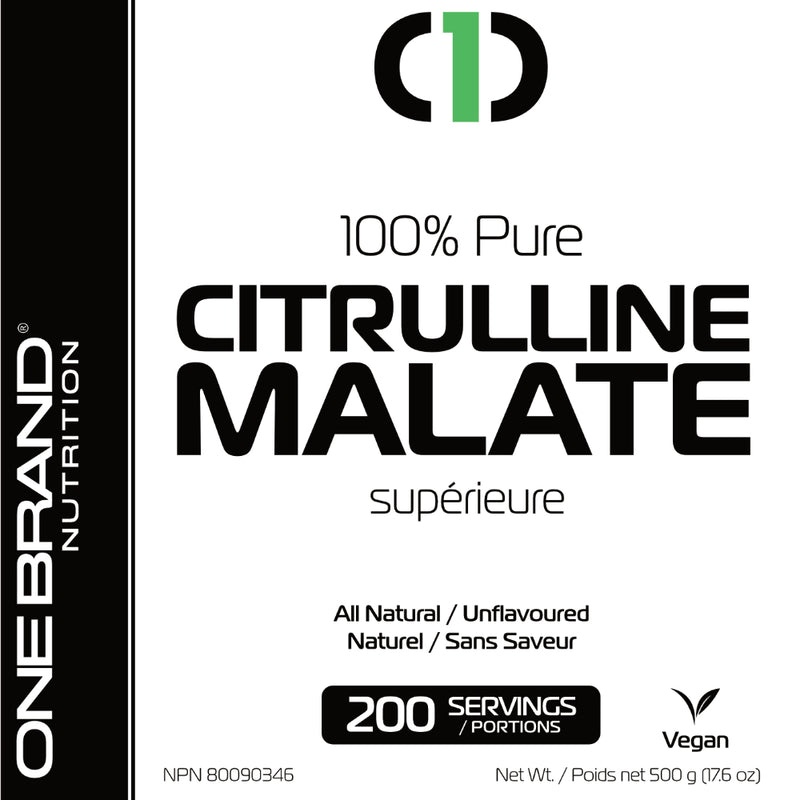 One Brand Nutrition Citrulline Malate (500 g) front label image. 2:1 Citrulline Malate (2:1 ratio of citrulline to the organic salt, malate), Gluten-Free & Vegan Sourced Citrulline Malate.