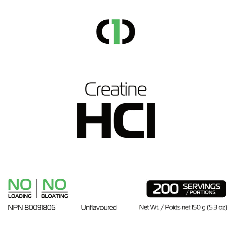 One Brand Nutrition HCL Powder (200 servings) front label. One Brand Creatine HCl improves workout capacity, recuperation, lean muscle mass, strength and power without water retention. 